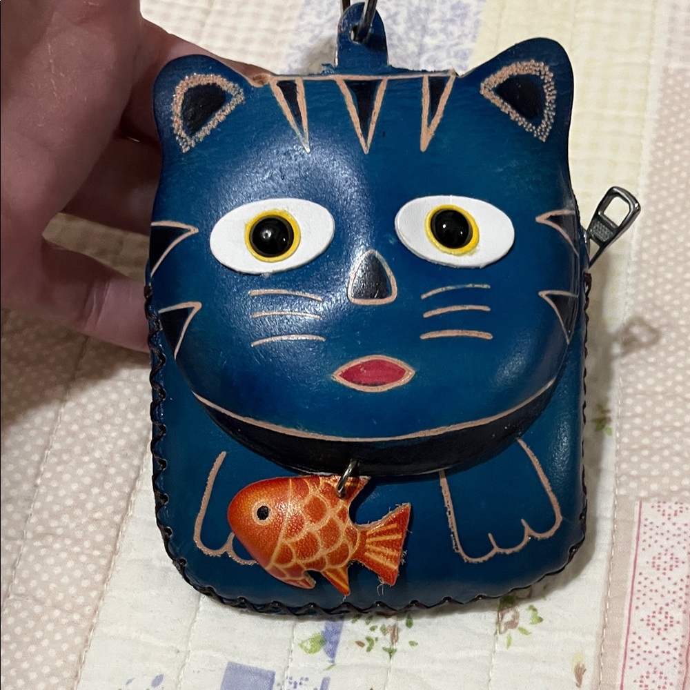 Leather Blue Cat Coin Purse with Fish Charm